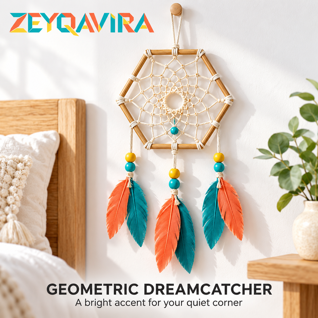 ZEYQAVIRA Geometric Dreamcatcher Wall Hanging, Hexagon Woven Web with Colorful Feather-Style Pendants and Beads