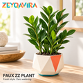 ZEYQAVIRA Faux ZZ Plant in Geometric Pot, Small Artificial Greenery for Office Desk, Shelf and Home Decor