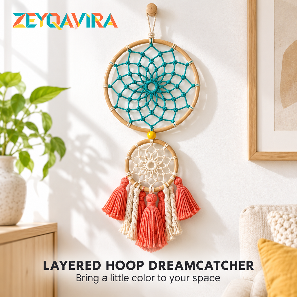ZEYQAVIRA Double Hoop Dreamcatcher Wall Hanging, Teal and Ivory Woven Rings with Coral Tassels for Modern Boho Decor