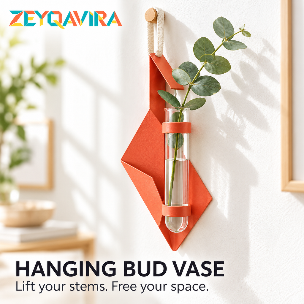 ZEYQAVIRA Geometric Wall Hanging Bud Vase, Coral Metal Flower Holder with Removable Glass Tube