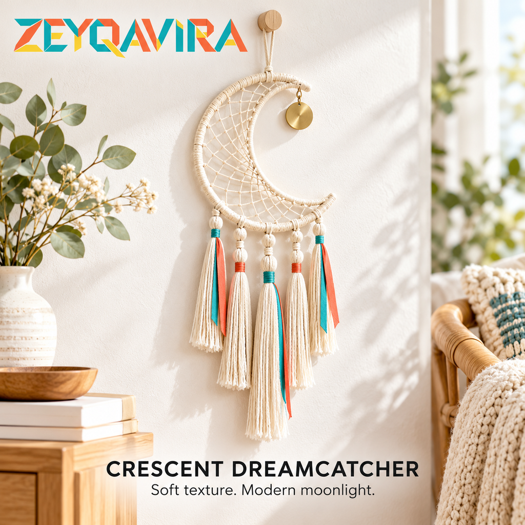ZEYQAVIRA Crescent Moon Dreamcatcher Wall Hanging, Ivory Woven Macrame-Style Decor with Tassels and Gold-Tone Charm