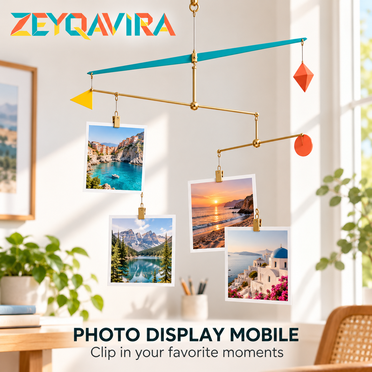 ZEYQAVIRA Hanging Photo Display Mobile, Geometric Metal Picture Clip Holder for Prints, Postcards and Art