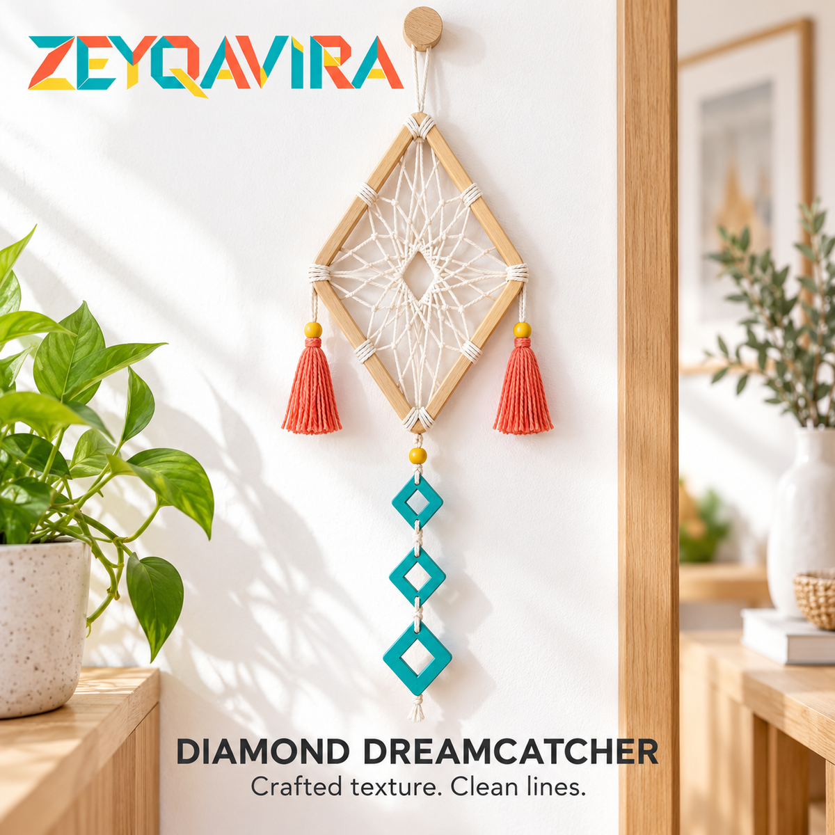 ZEYQAVIRA Diamond Dreamcatcher Wall Hanging, Natural-Tone Wood Frame with Ivory Web, Coral Tassels and Teal Charms