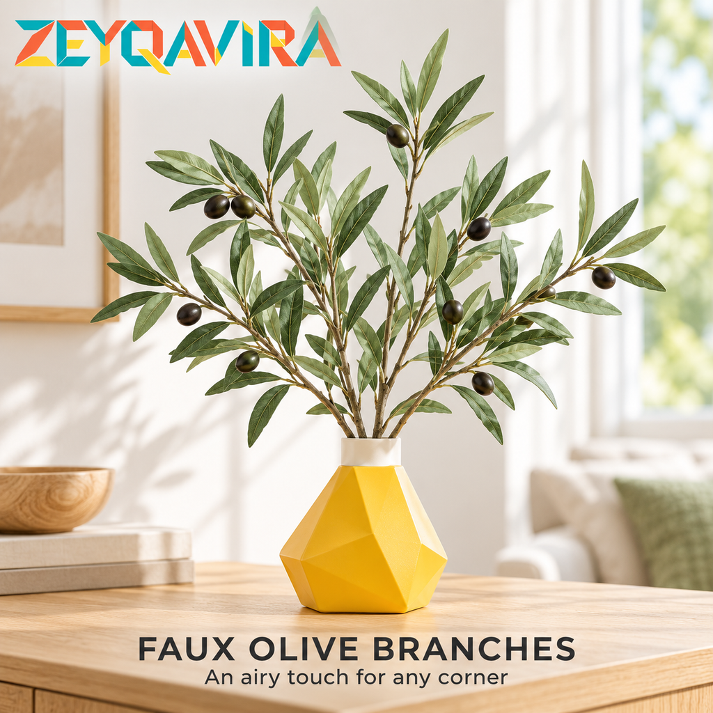 ZEYQAVIRA Faux Olive Branch Arrangement with Yellow Geometric Vase, Artificial Greenery Centerpiece for Table and Shelf