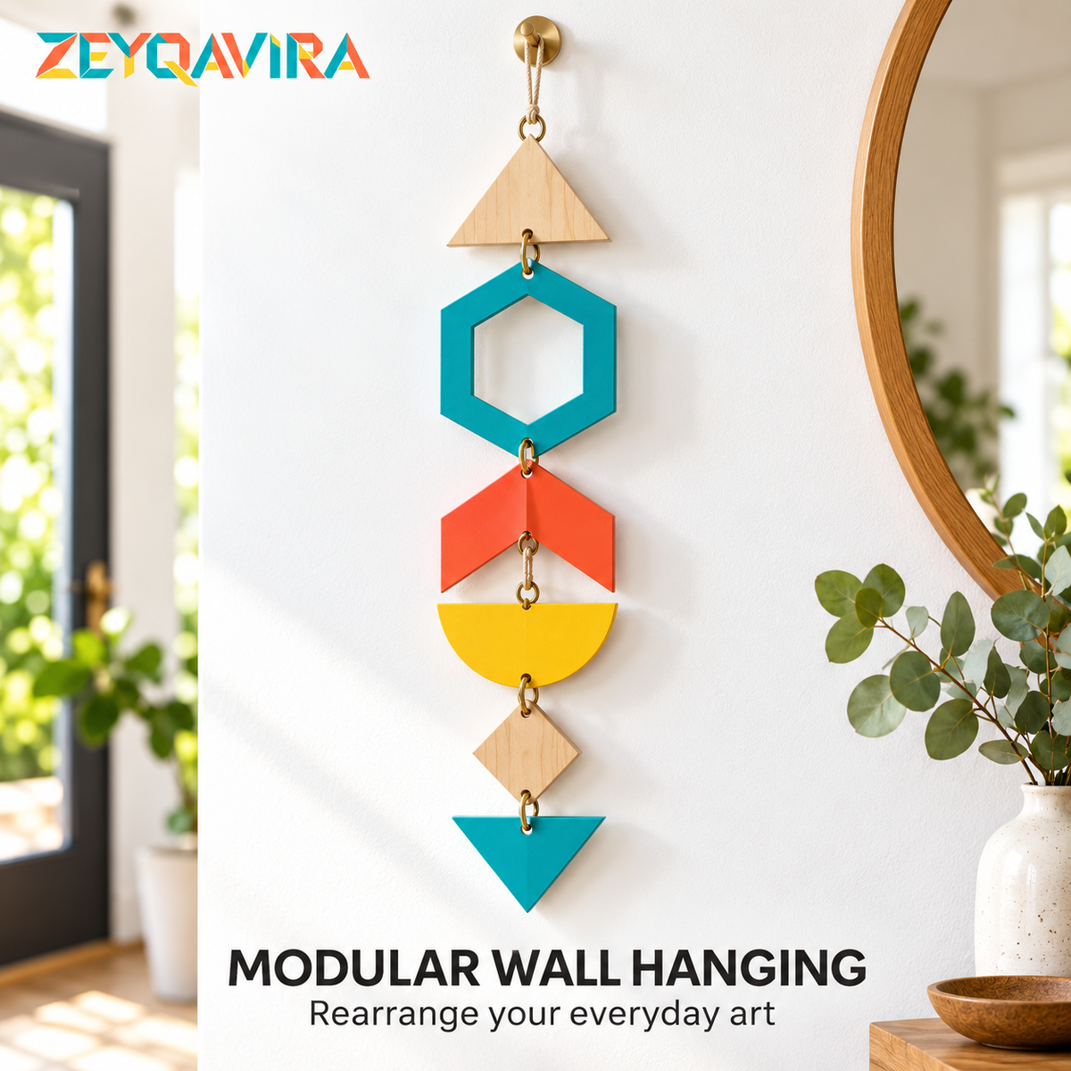 ZEYQAVIRA Modular Geometric Wall Hanging, Colorful Wood and Metal Hanging Wall Art for Entryway and Living Room