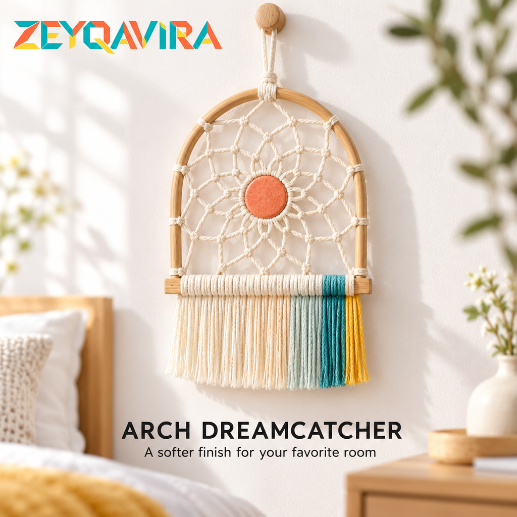 ZEYQAVIRA Arch Dreamcatcher Wall Hanging, Woven Web with Coral Center Disc and Ivory Teal Yellow Fringe