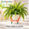ZEYQAVIRA Faux Boston Fern in White Pot with Geometric Stand, Small Artificial Plant for Bathroom Shelf and Office Decor