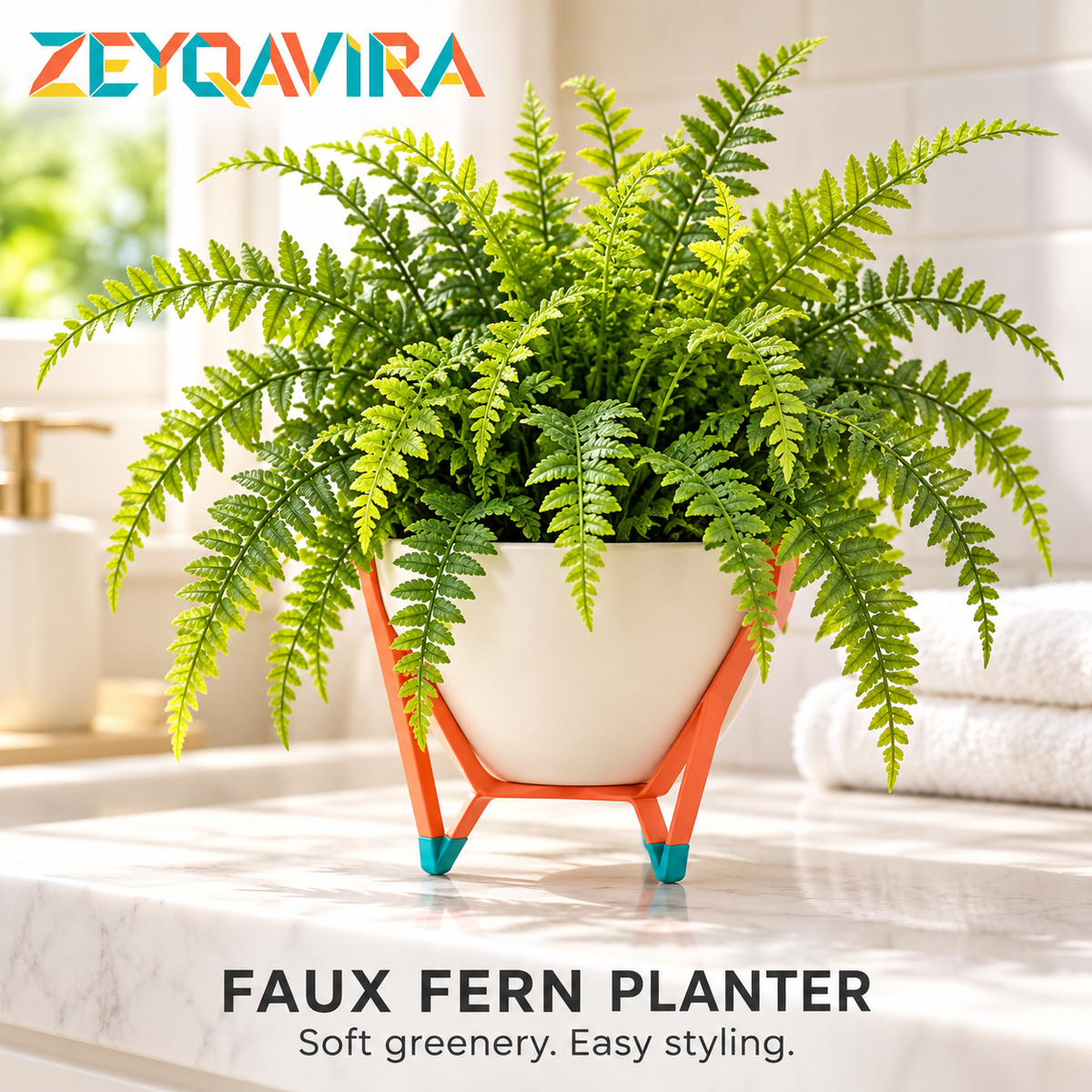 ZEYQAVIRA Faux Boston Fern in White Pot with Geometric Stand, Small Artificial Plant for Bathroom Shelf and Office Decor