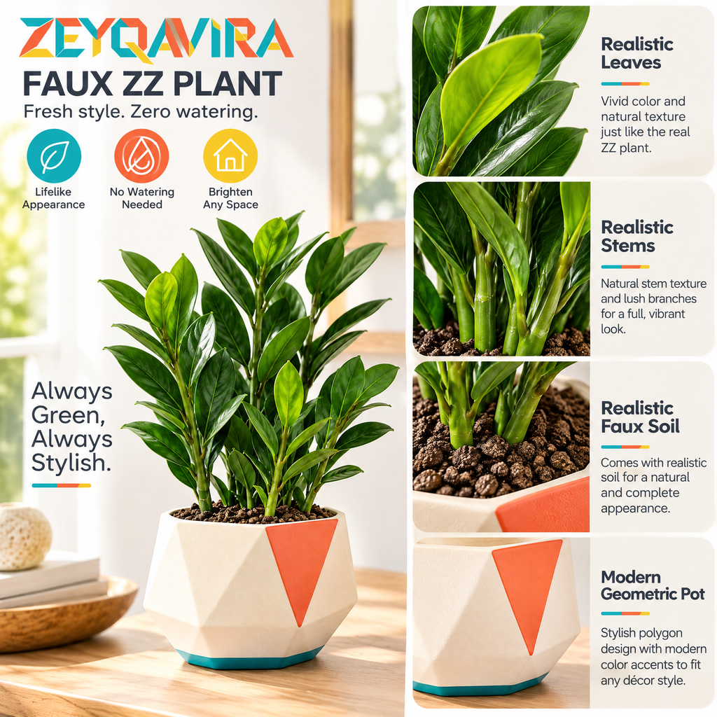 ZEYQAVIRA Faux ZZ Plant in Geometric Pot, Small Artificial Greenery for Office Desk, Shelf and Home Decor