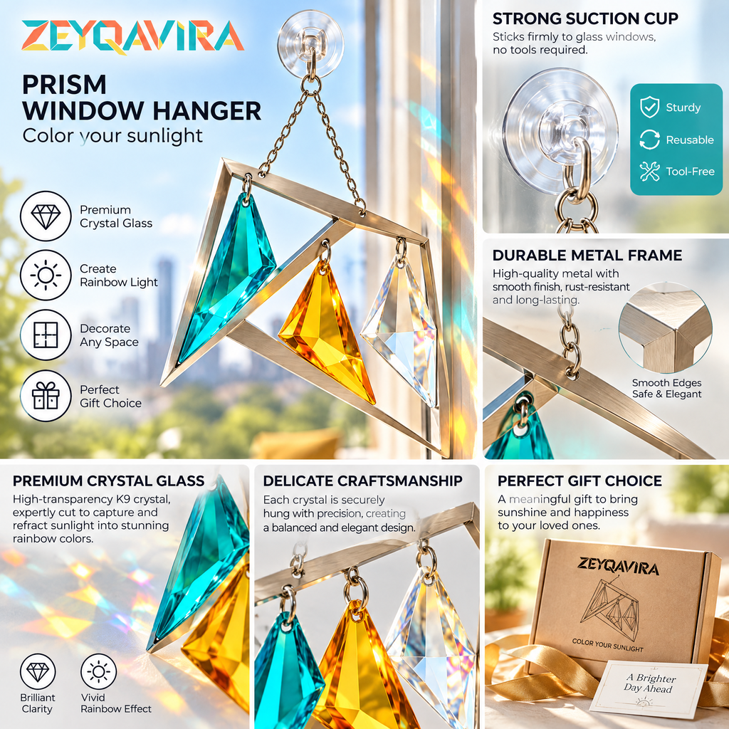 ZEYQAVIRA Geometric Prism Window Suncatcher, Colorful Hanging Window Decor with Suction Cup
