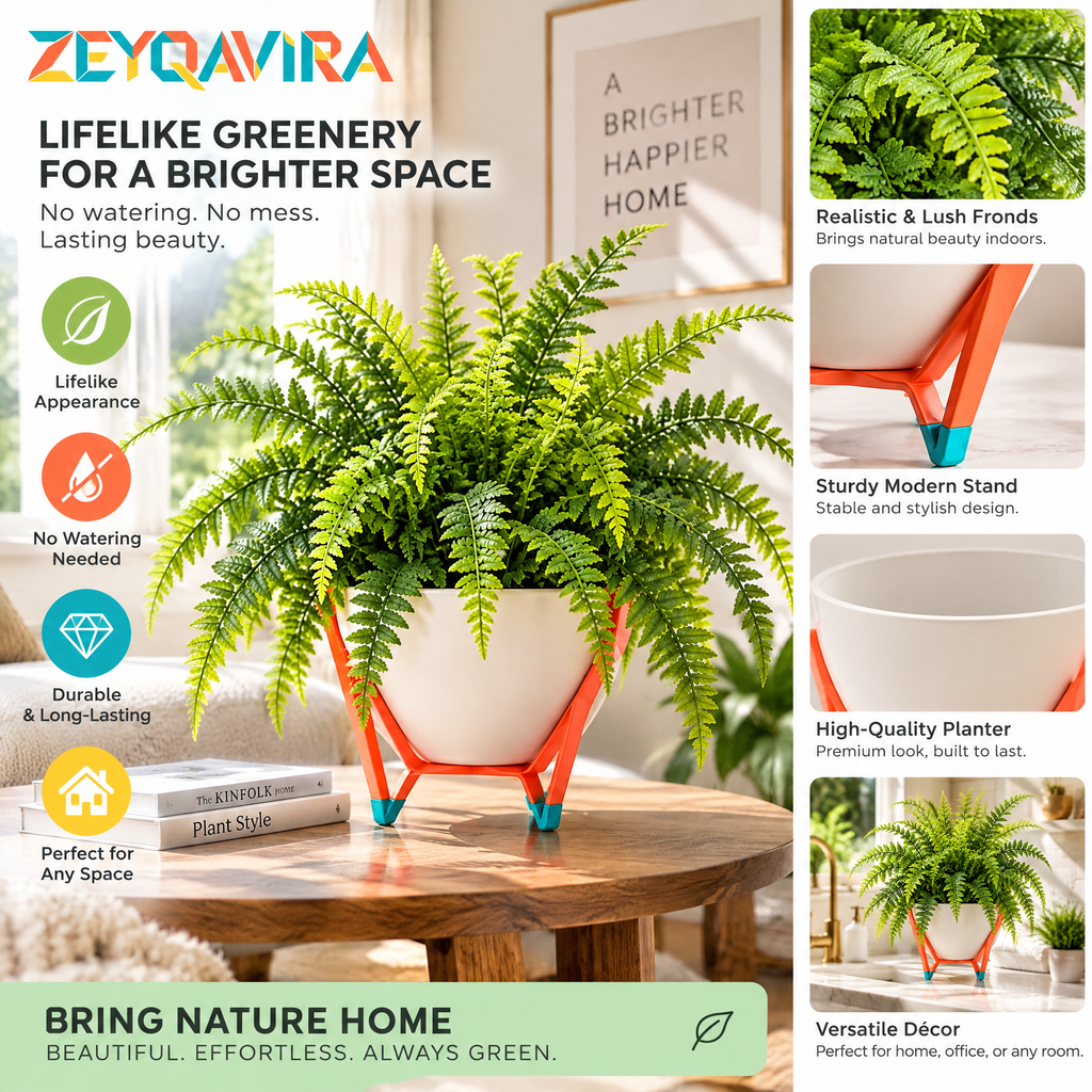 ZEYQAVIRA Faux Boston Fern in White Pot with Geometric Stand, Small Artificial Plant for Bathroom Shelf and Office Decor