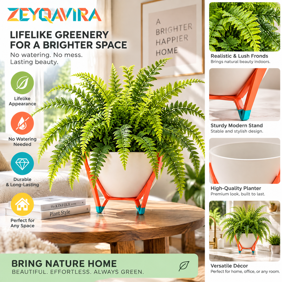 ZEYQAVIRA Faux Boston Fern in White Pot with Geometric Stand, Small Artificial Plant for Bathroom Shelf and Office Decor