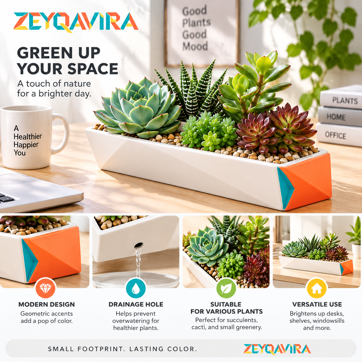 ZEYQAVIRA Faux Succulent Garden in Geometric Rectangular Planter, Artificial Mixed Succulent Centerpiece for Desk and Shelf
