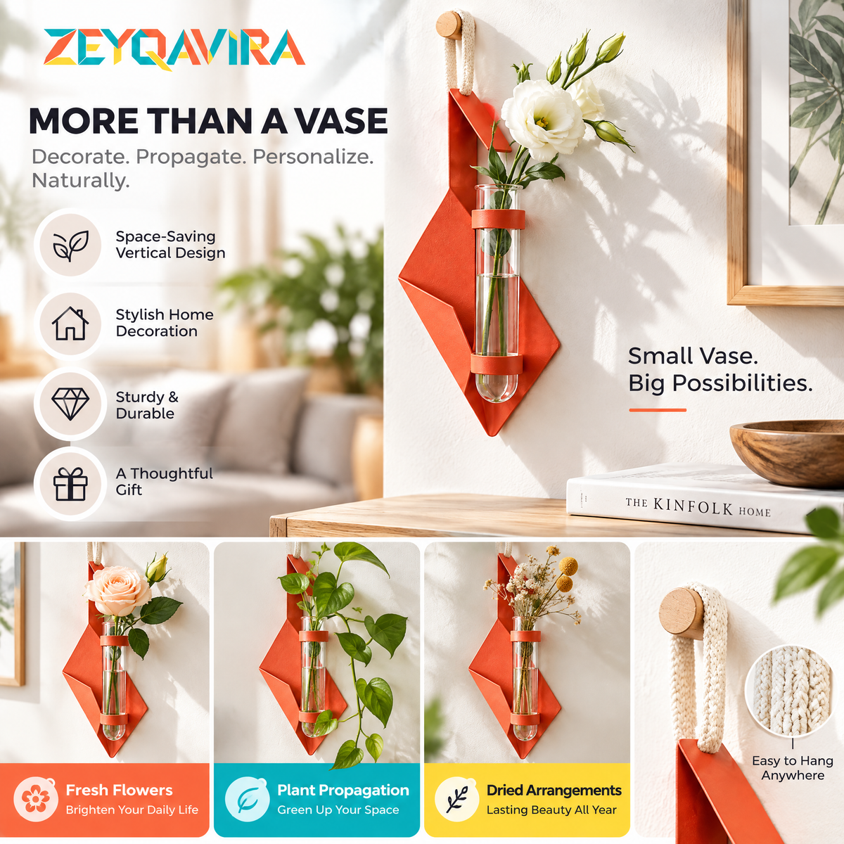 ZEYQAVIRA Geometric Wall Hanging Bud Vase, Coral Metal Flower Holder with Removable Glass Tube