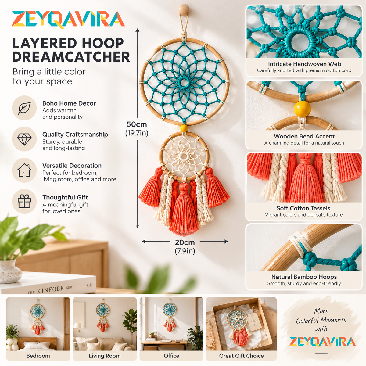 ZEYQAVIRA Double Hoop Dreamcatcher Wall Hanging, Teal and Ivory Woven Rings with Coral Tassels for Modern Boho Decor