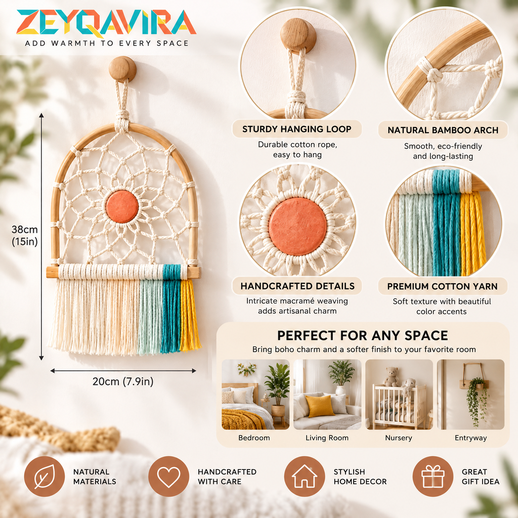 ZEYQAVIRA Arch Dreamcatcher Wall Hanging, Woven Web with Coral Center Disc and Ivory Teal Yellow Fringe