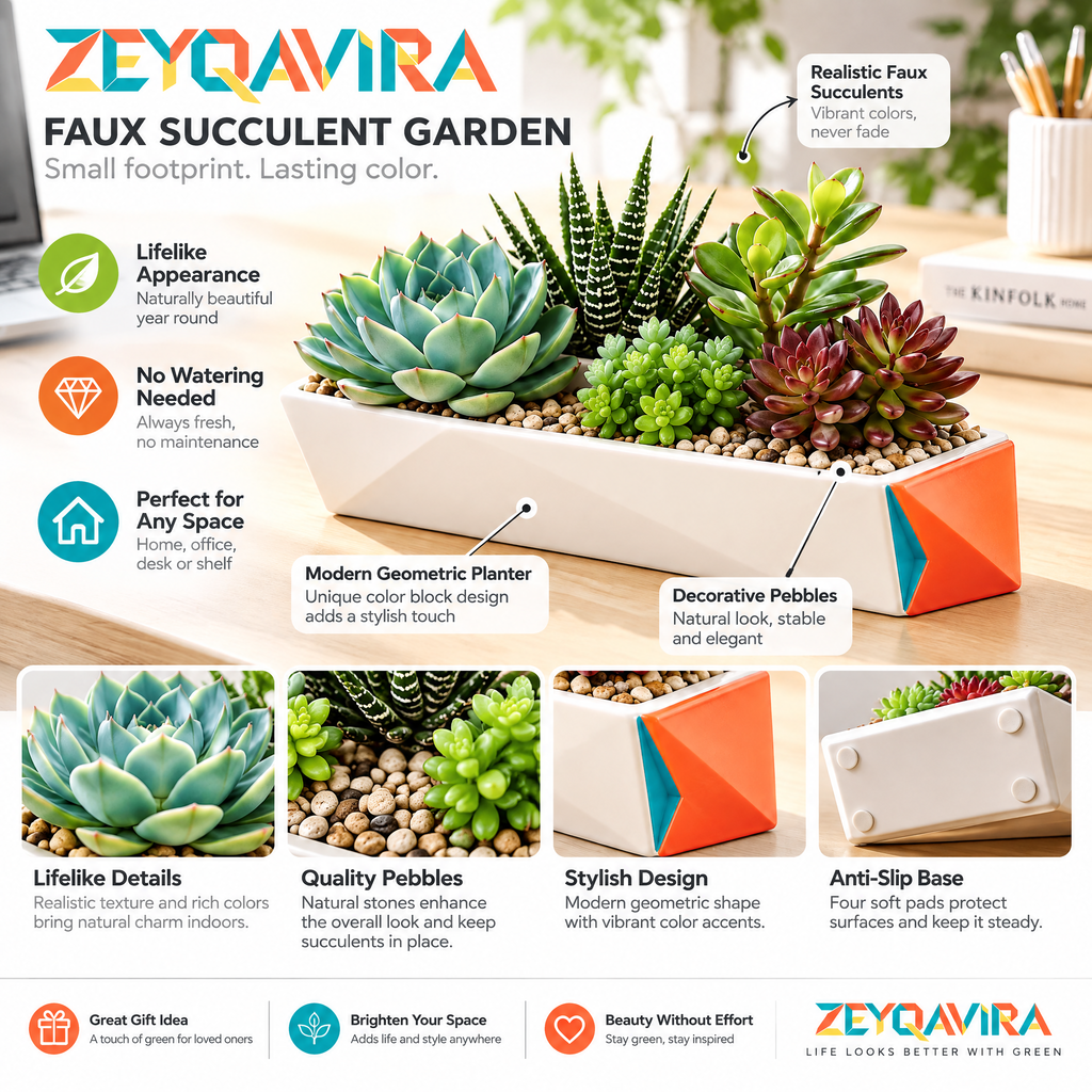 ZEYQAVIRA Faux Succulent Garden in Geometric Rectangular Planter, Artificial Mixed Succulent Centerpiece for Desk and Shelf