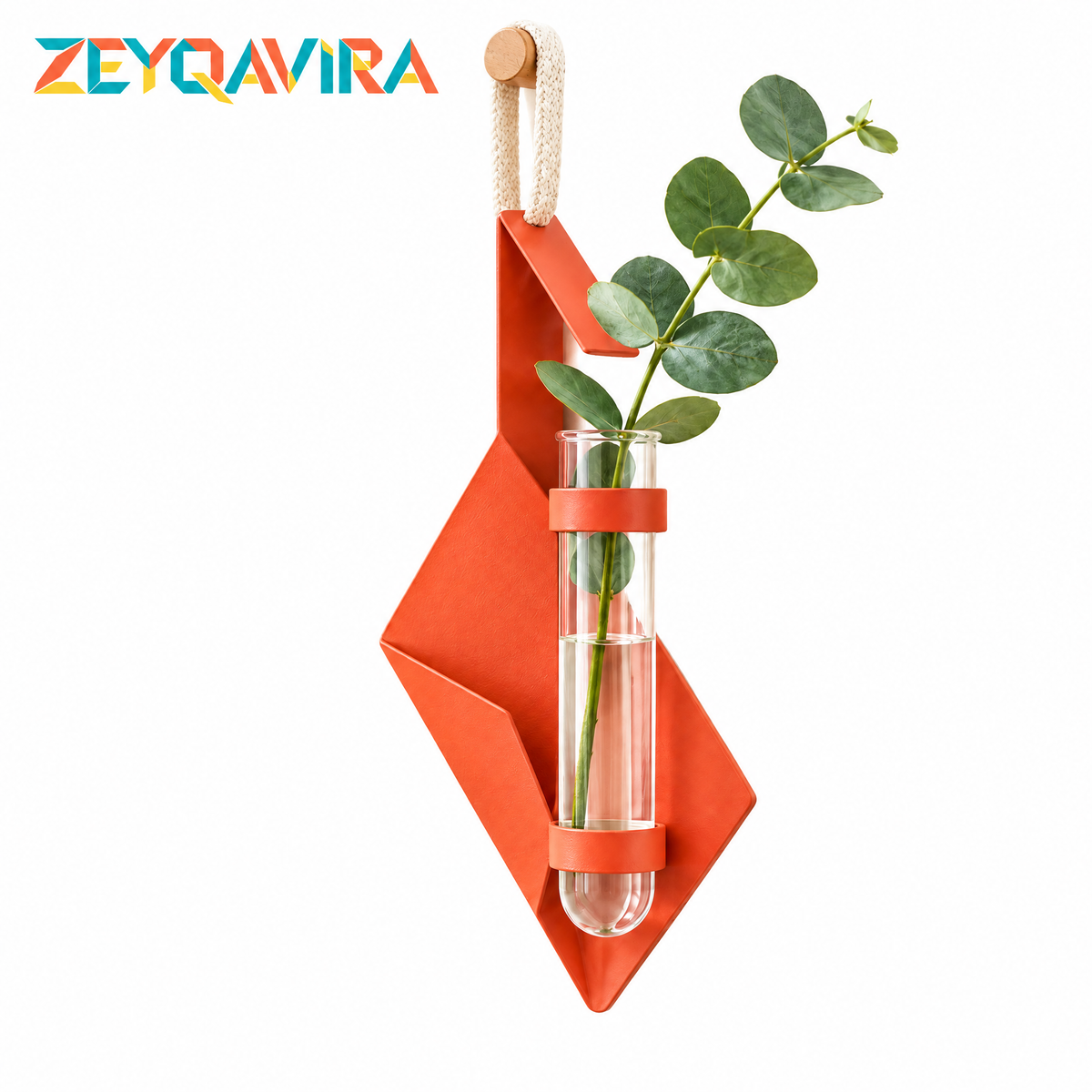 ZEYQAVIRA Geometric Wall Hanging Bud Vase, Coral Metal Flower Holder with Removable Glass Tube