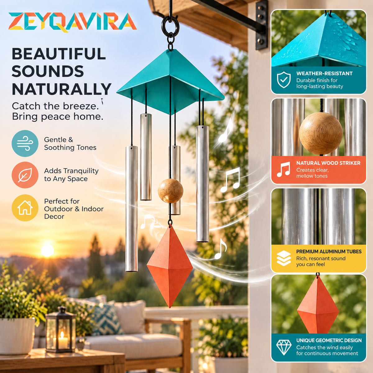 ZEYQAVIRA Modern Geometric Wind Chime, Metal Tube Hanging Decor for Covered Porch, Patio and Balcony