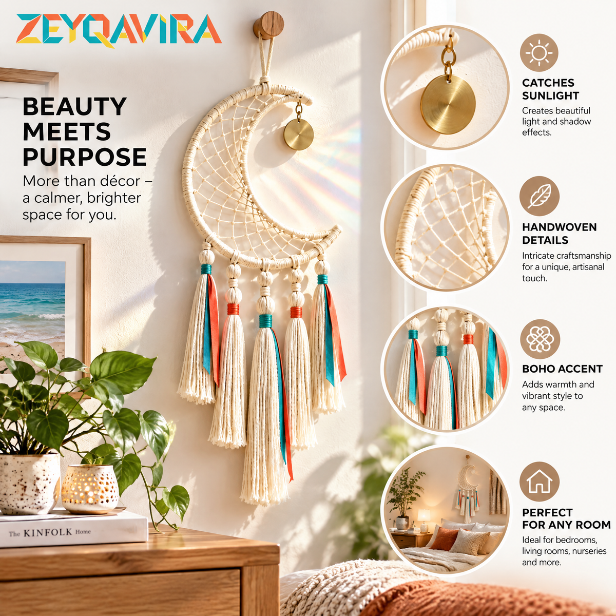 ZEYQAVIRA Crescent Moon Dreamcatcher Wall Hanging, Ivory Woven Macrame-Style Decor with Tassels and Gold-Tone Charm