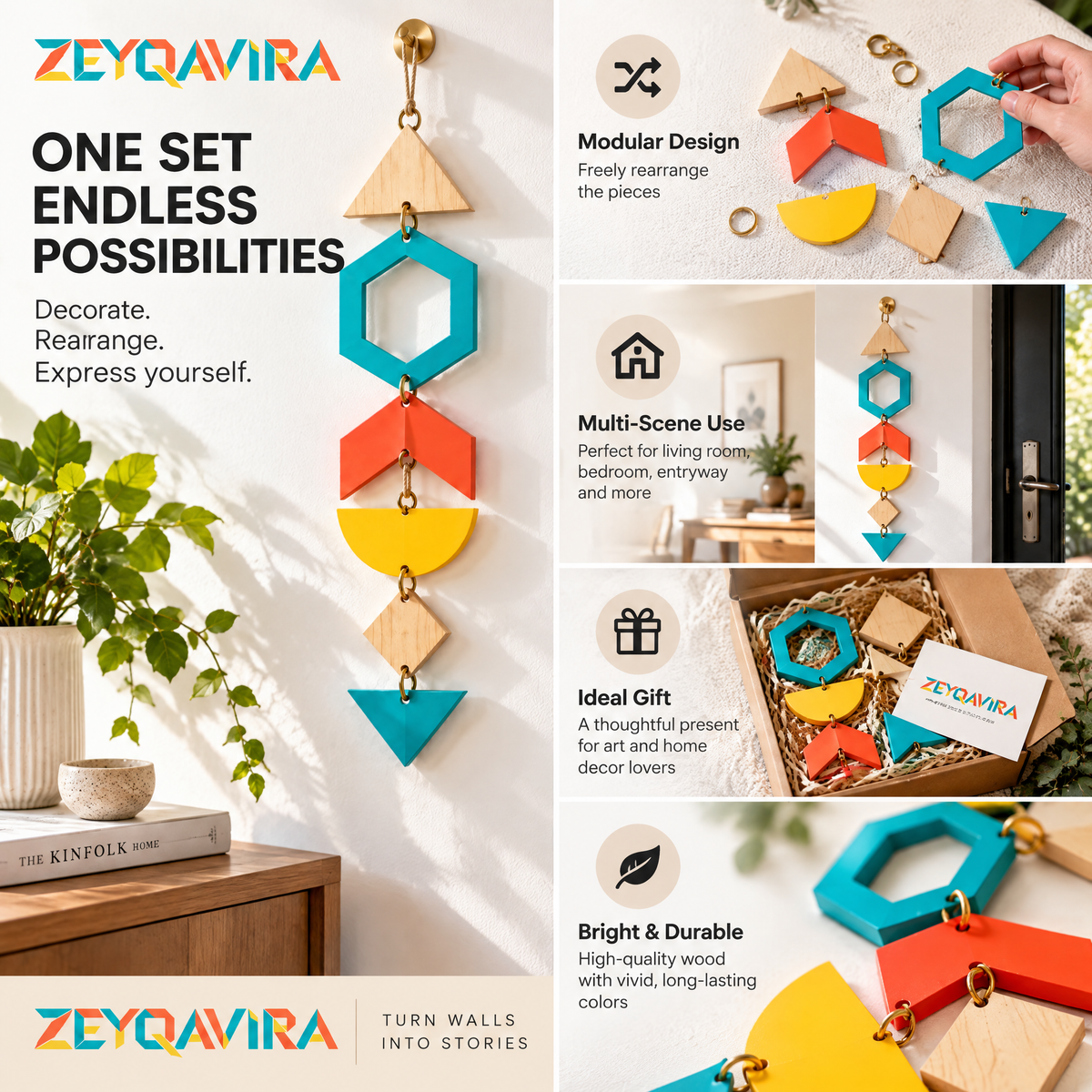 ZEYQAVIRA Modular Geometric Wall Hanging, Colorful Wood and Metal Hanging Wall Art for Entryway and Living Room