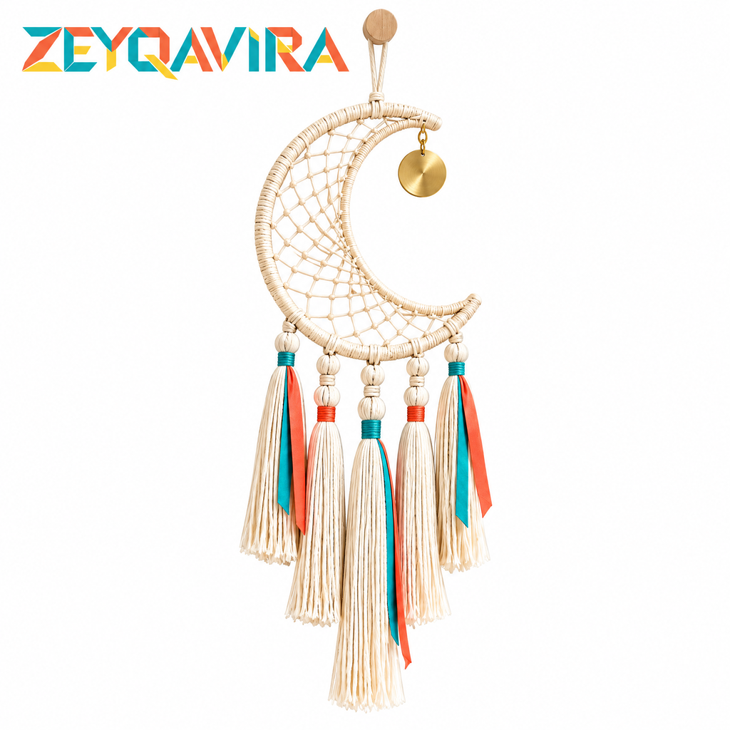 ZEYQAVIRA Crescent Moon Dreamcatcher Wall Hanging, Ivory Woven Macrame-Style Decor with Tassels and Gold-Tone Charm