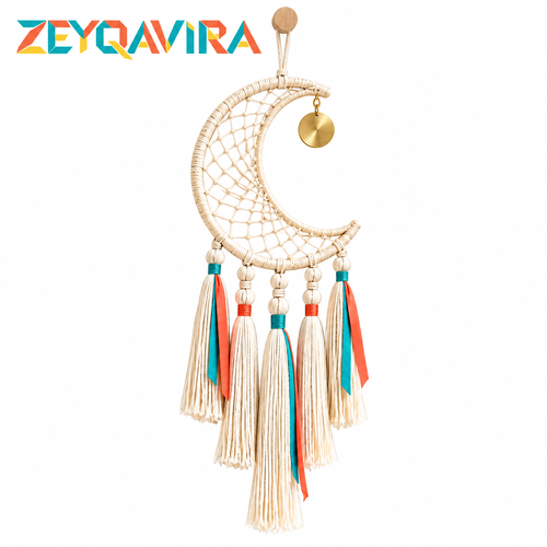 ZEYQAVIRA Crescent Moon Dreamcatcher Wall Hanging, Ivory Woven Macrame-Style Decor with Tassels and Gold-Tone Charm