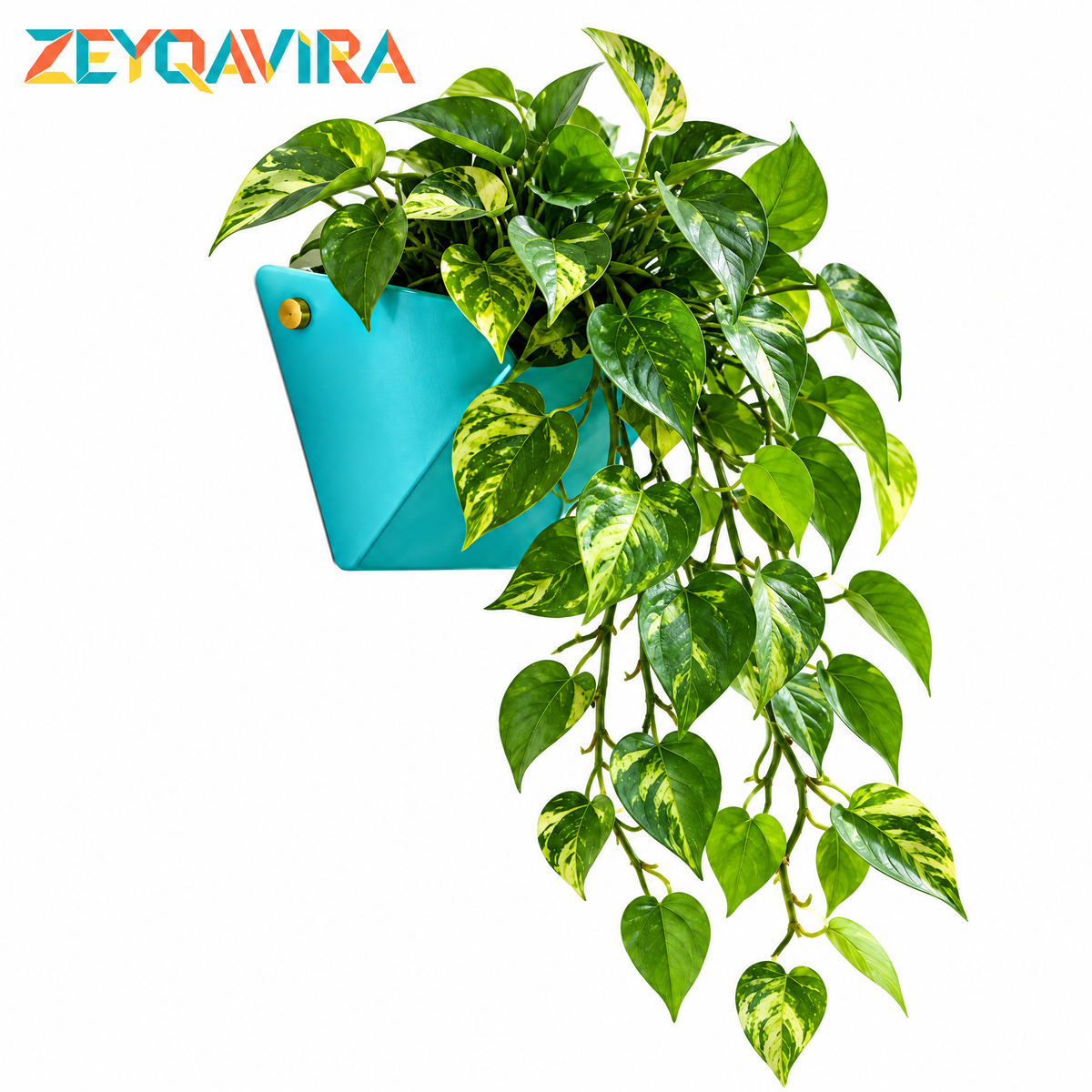 ZEYQAVIRA Trailing Faux Pothos in Geometric Wall Planter, Artificial Hanging Vine Greenery for Indoor Home Decor