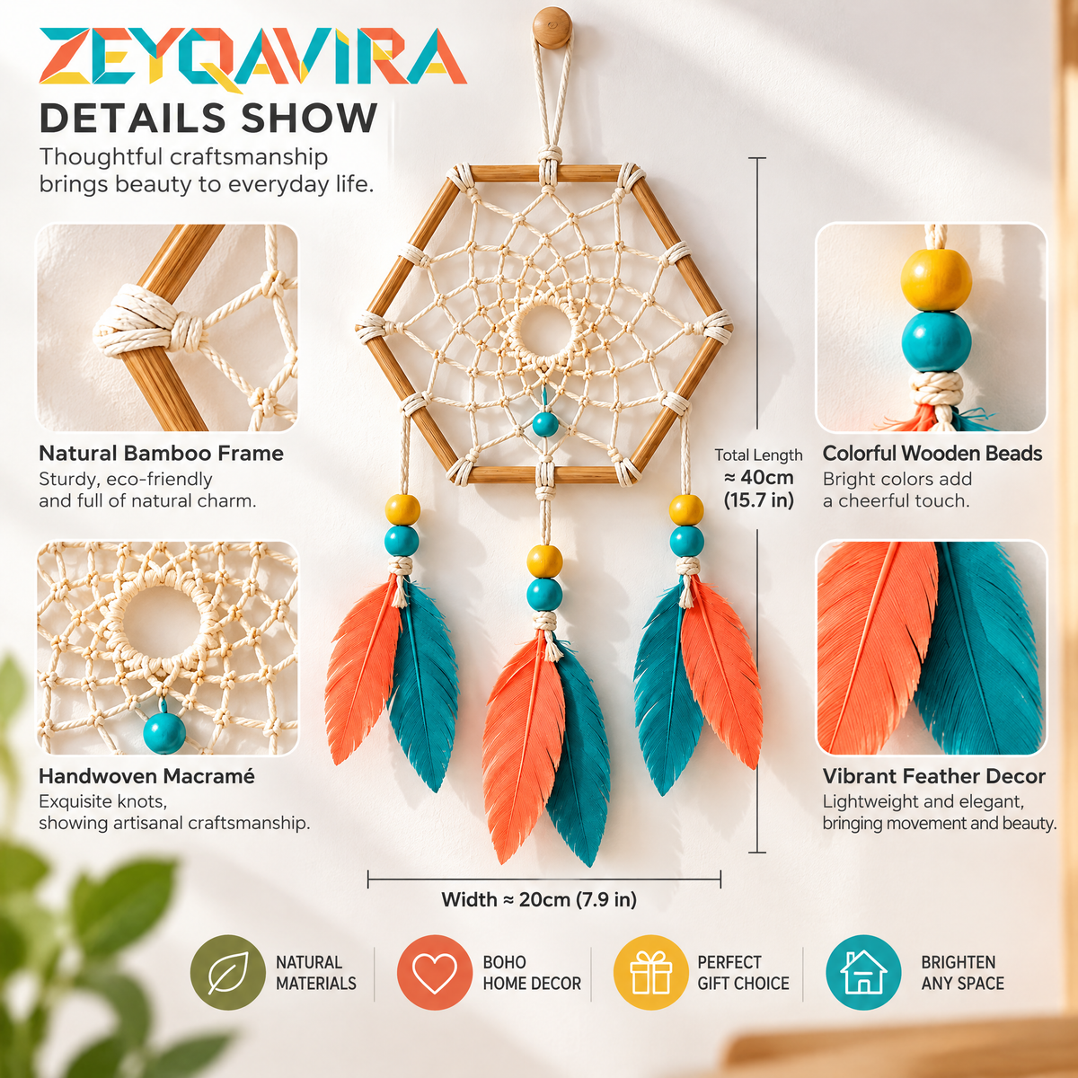 ZEYQAVIRA Geometric Dreamcatcher Wall Hanging, Hexagon Woven Web with Colorful Feather-Style Pendants and Beads