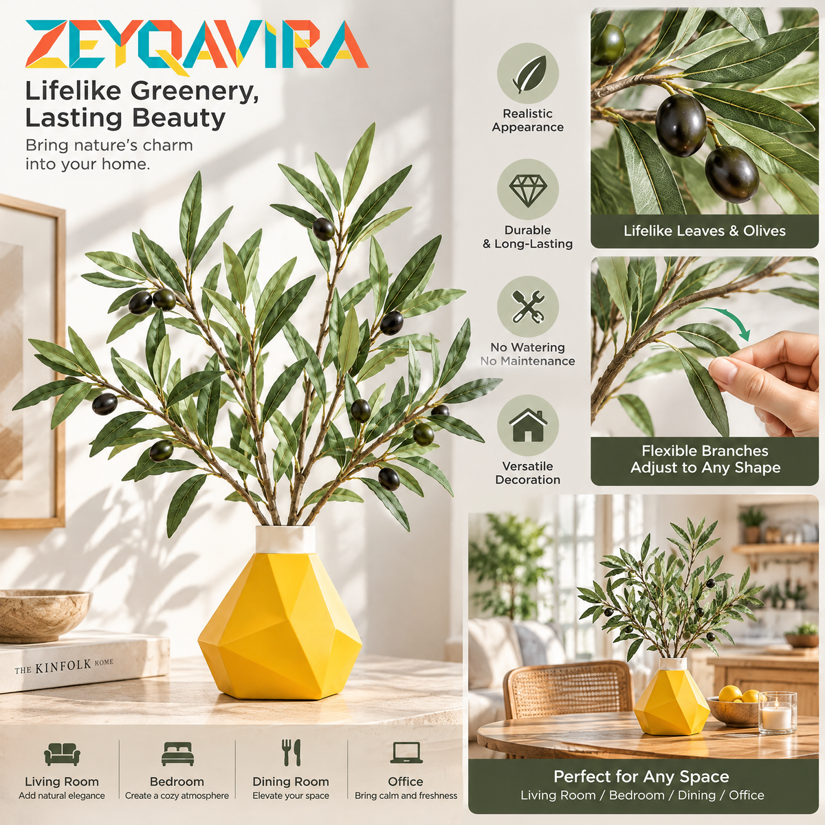 ZEYQAVIRA Faux Olive Branch Arrangement with Yellow Geometric Vase, Artificial Greenery Centerpiece for Table and Shelf
