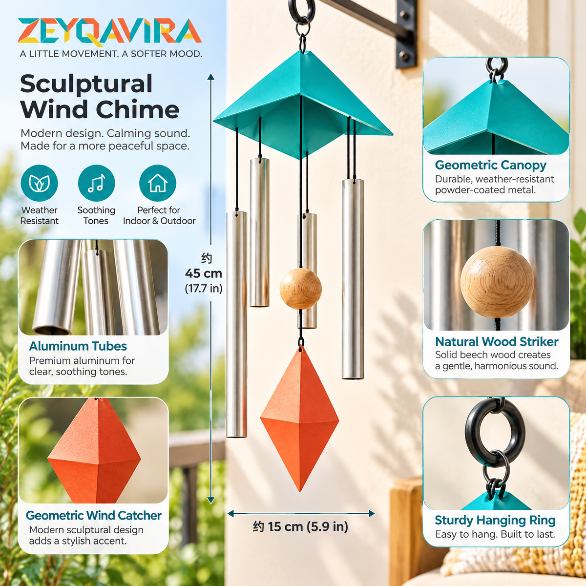 ZEYQAVIRA Modern Geometric Wind Chime, Metal Tube Hanging Decor for Covered Porch, Patio and Balcony