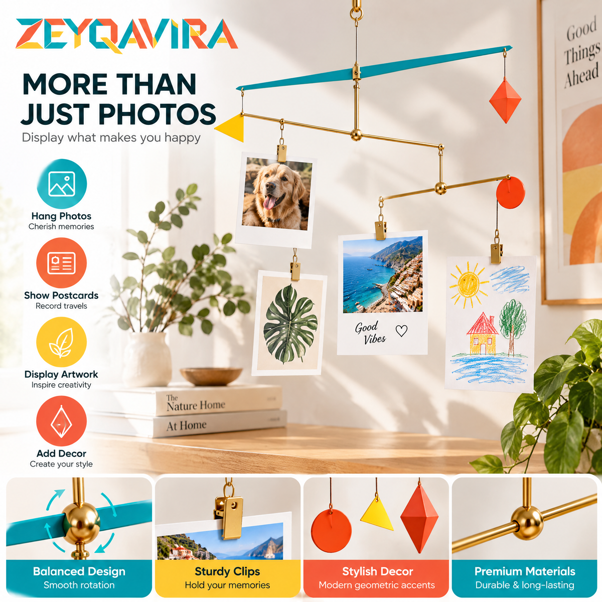 ZEYQAVIRA Hanging Photo Display Mobile, Geometric Metal Picture Clip Holder for Prints, Postcards and Art
