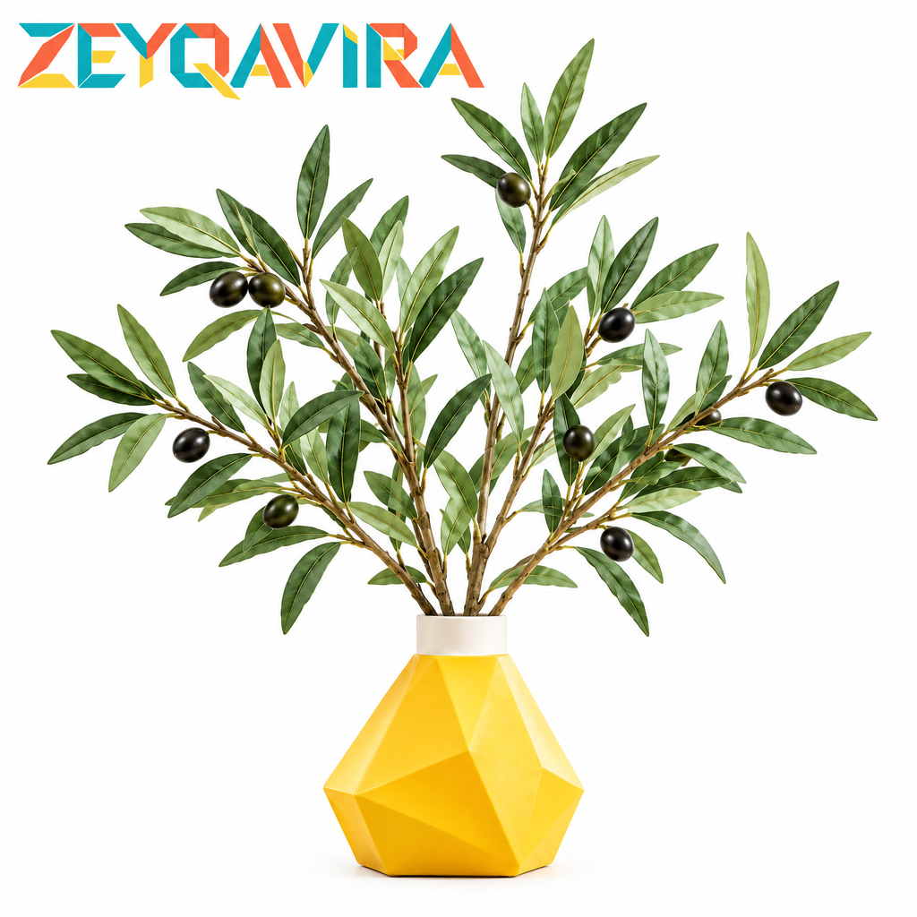 ZEYQAVIRA Faux Olive Branch Arrangement with Yellow Geometric Vase, Artificial Greenery Centerpiece for Table and Shelf