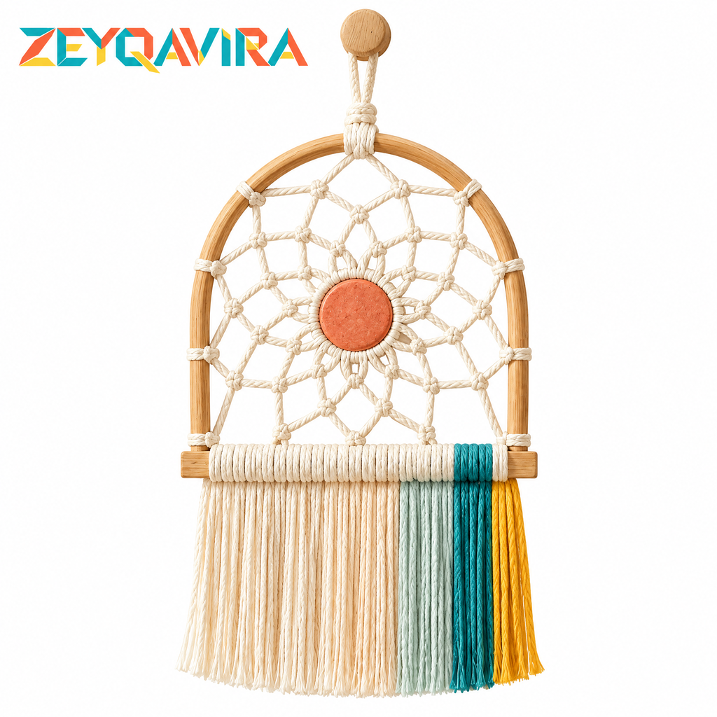 ZEYQAVIRA Arch Dreamcatcher Wall Hanging, Woven Web with Coral Center Disc and Ivory Teal Yellow Fringe