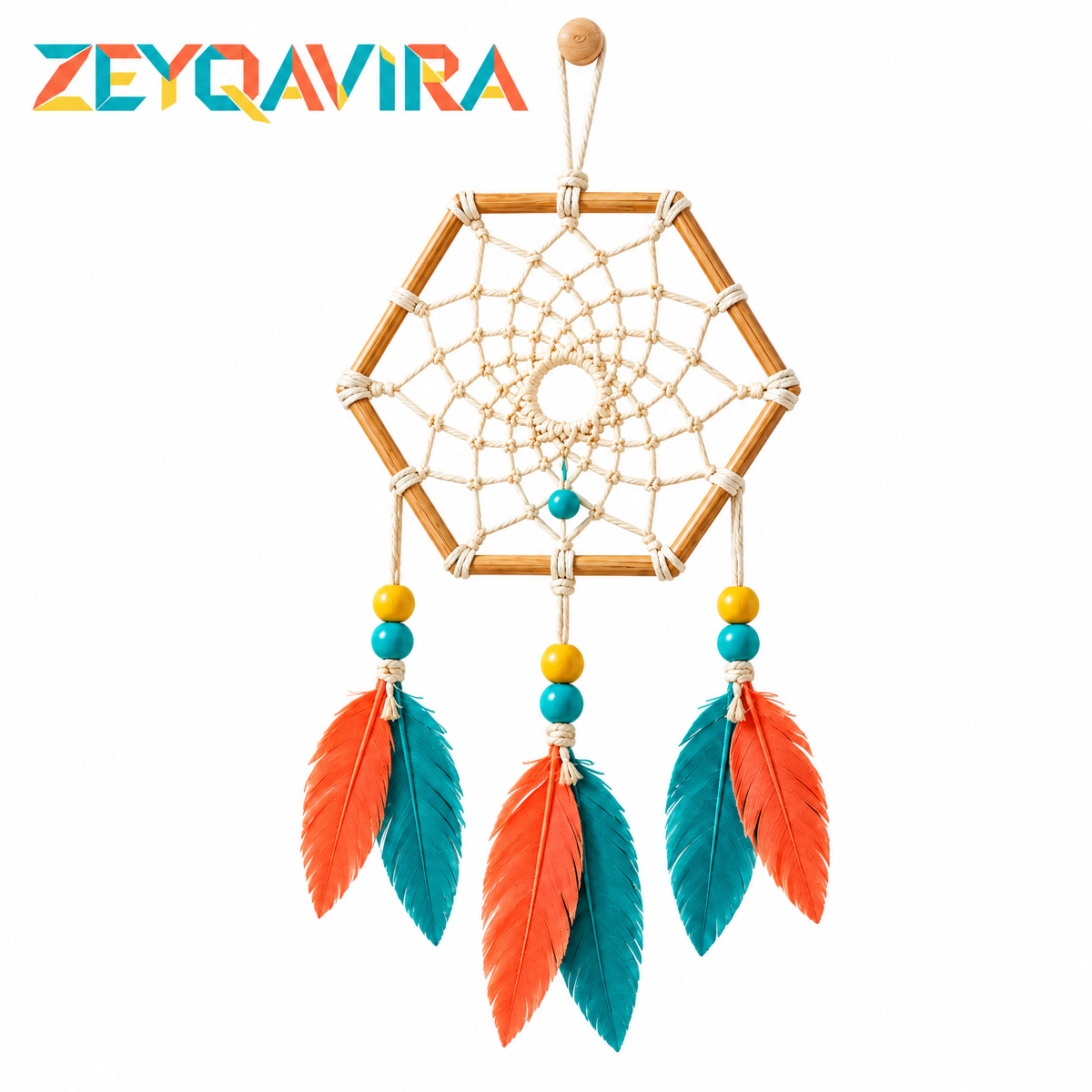 ZEYQAVIRA Geometric Dreamcatcher Wall Hanging, Hexagon Woven Web with Colorful Feather-Style Pendants and Beads
