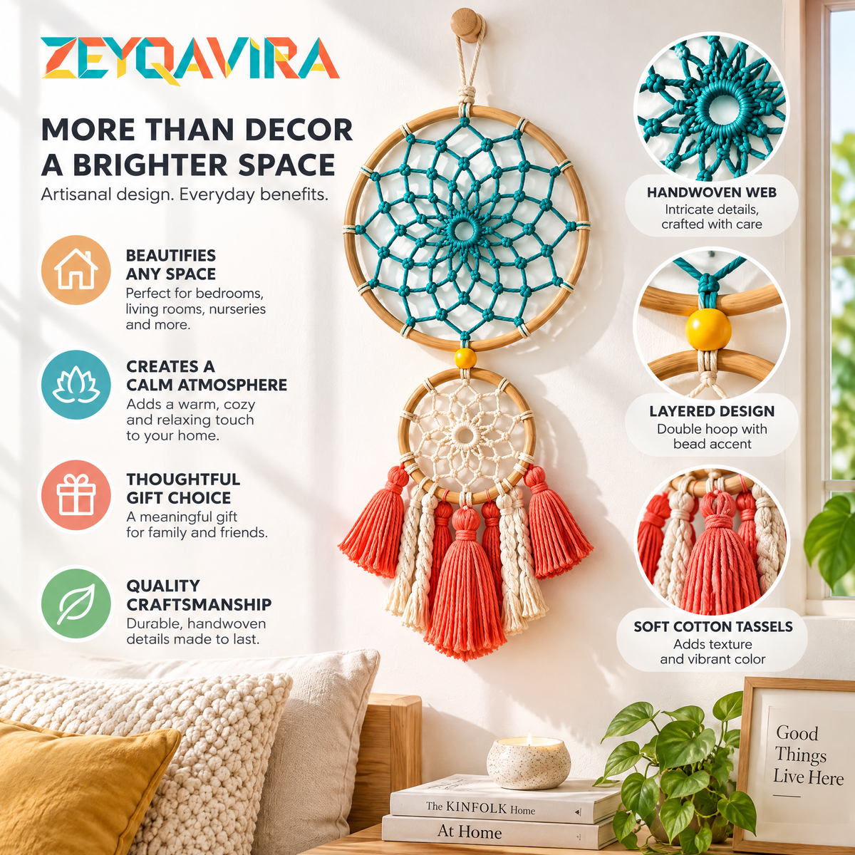 ZEYQAVIRA Double Hoop Dreamcatcher Wall Hanging, Teal and Ivory Woven Rings with Coral Tassels for Modern Boho Decor