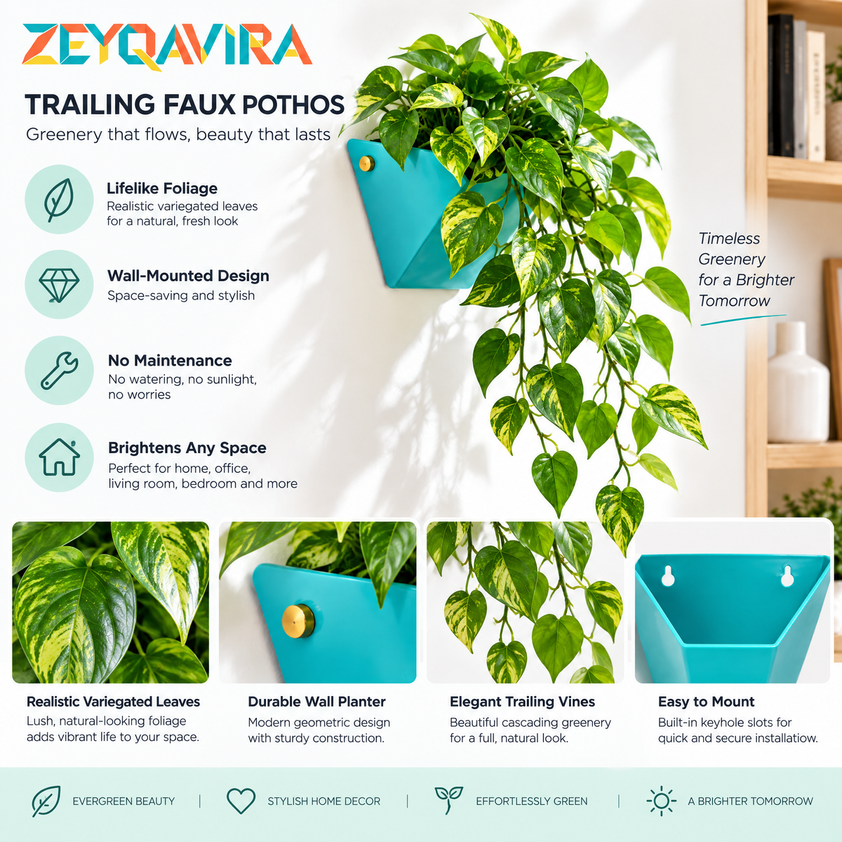 ZEYQAVIRA Trailing Faux Pothos in Geometric Wall Planter, Artificial Hanging Vine Greenery for Indoor Home Decor