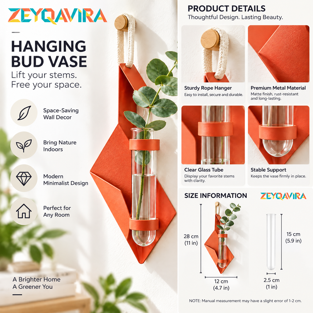 ZEYQAVIRA Geometric Wall Hanging Bud Vase, Coral Metal Flower Holder with Removable Glass Tube