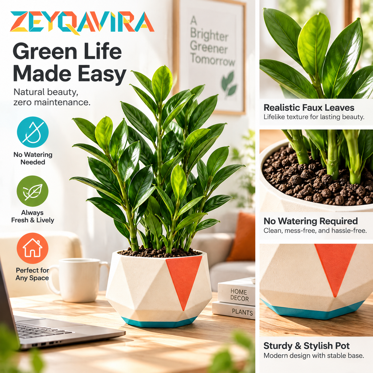 ZEYQAVIRA Faux ZZ Plant in Geometric Pot, Small Artificial Greenery for Office Desk, Shelf and Home Decor