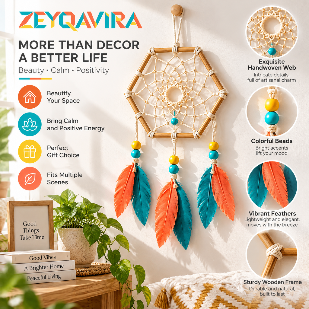 ZEYQAVIRA Geometric Dreamcatcher Wall Hanging, Hexagon Woven Web with Colorful Feather-Style Pendants and Beads