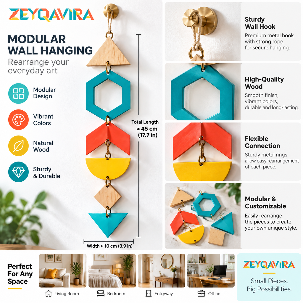 ZEYQAVIRA Modular Geometric Wall Hanging, Colorful Wood and Metal Hanging Wall Art for Entryway and Living Room