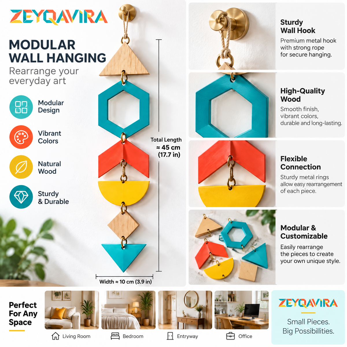 ZEYQAVIRA Modular Geometric Wall Hanging, Colorful Wood and Metal Hanging Wall Art for Entryway and Living Room