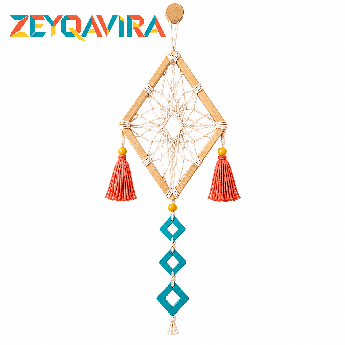 ZEYQAVIRA Diamond Dreamcatcher Wall Hanging, Natural-Tone Wood Frame with Ivory Web, Coral Tassels and Teal Charms