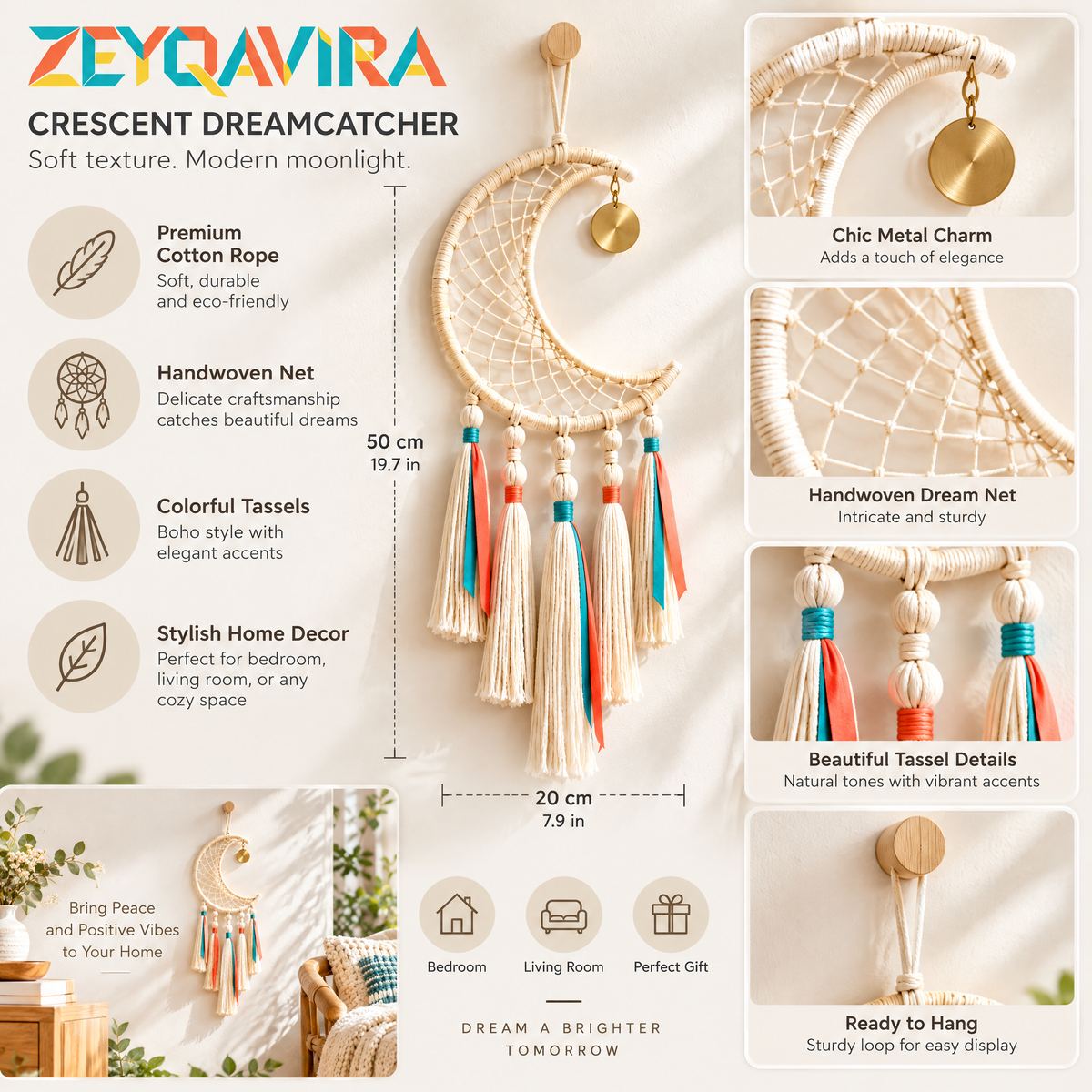 ZEYQAVIRA Crescent Moon Dreamcatcher Wall Hanging, Ivory Woven Macrame-Style Decor with Tassels and Gold-Tone Charm