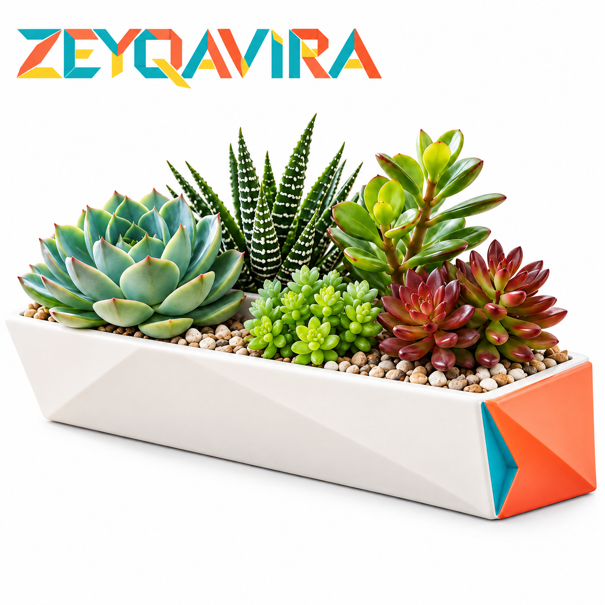 ZEYQAVIRA Faux Succulent Garden in Geometric Rectangular Planter, Artificial Mixed Succulent Centerpiece for Desk and Shelf