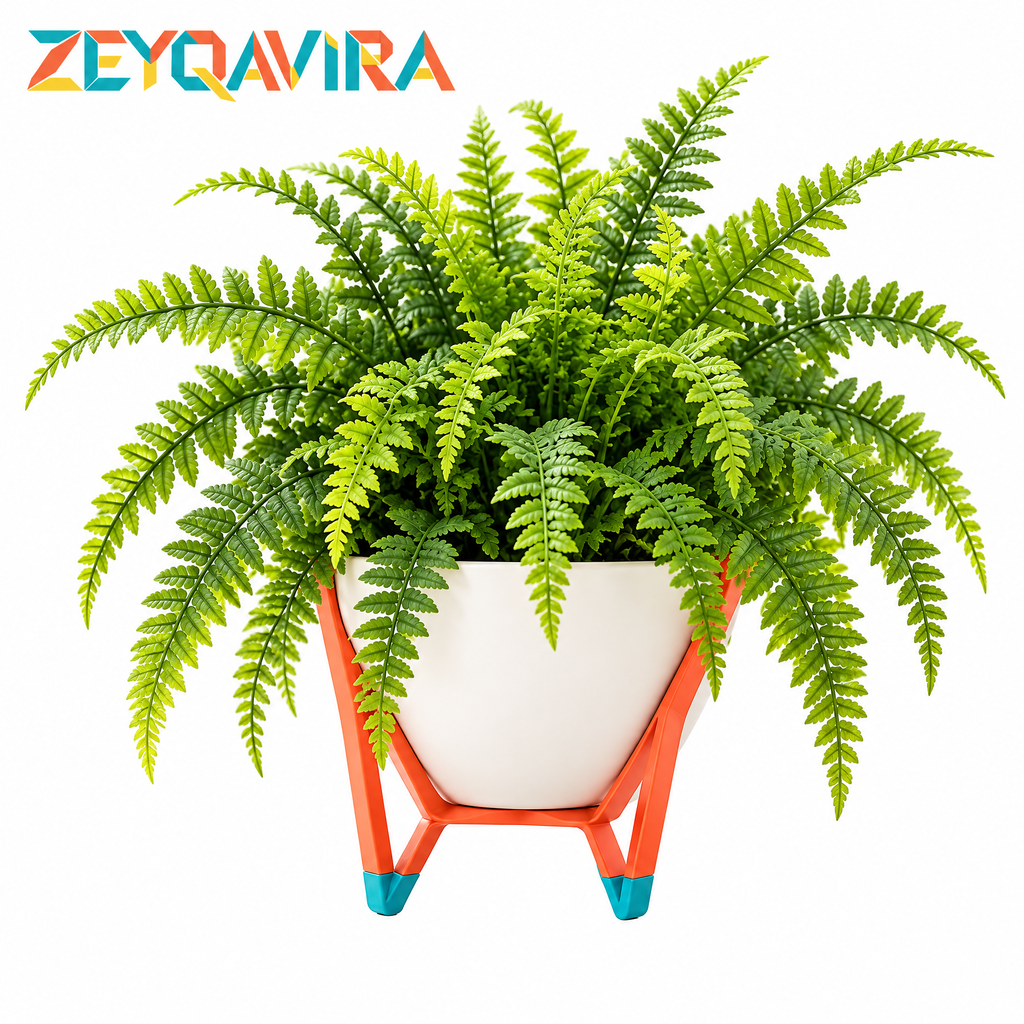 ZEYQAVIRA Faux Boston Fern in White Pot with Geometric Stand, Small Artificial Plant for Bathroom Shelf and Office Decor