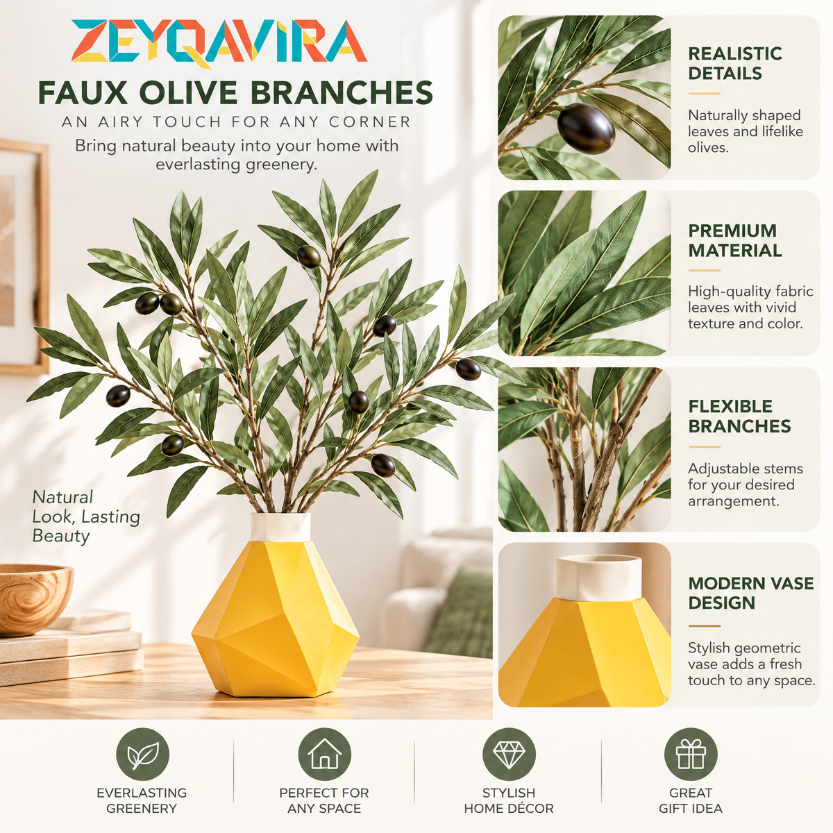 ZEYQAVIRA Faux Olive Branch Arrangement with Yellow Geometric Vase, Artificial Greenery Centerpiece for Table and Shelf