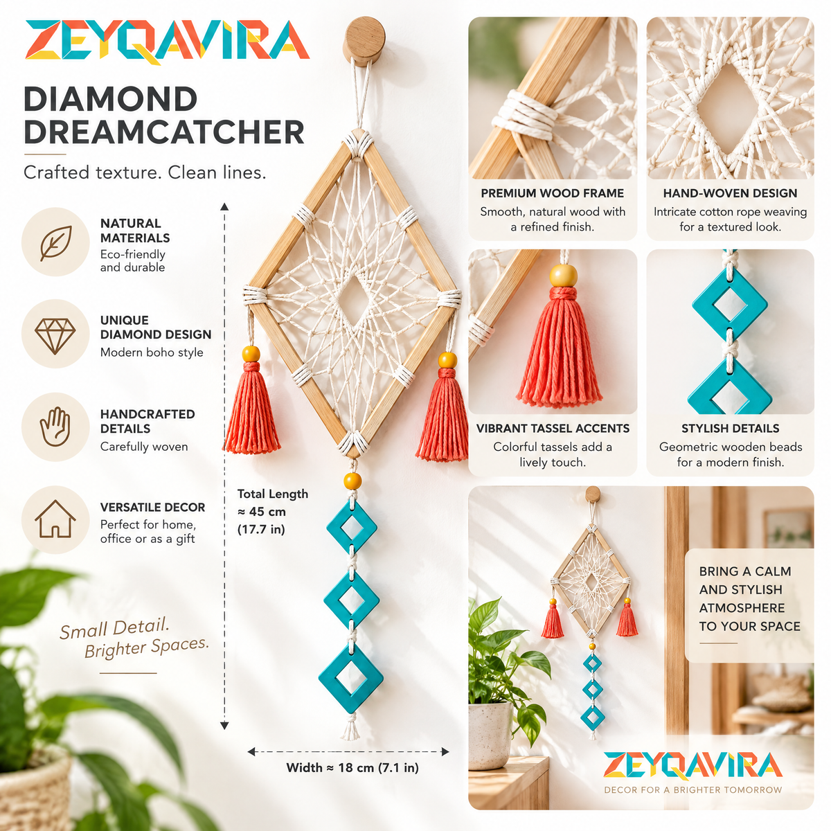 ZEYQAVIRA Diamond Dreamcatcher Wall Hanging, Natural-Tone Wood Frame with Ivory Web, Coral Tassels and Teal Charms