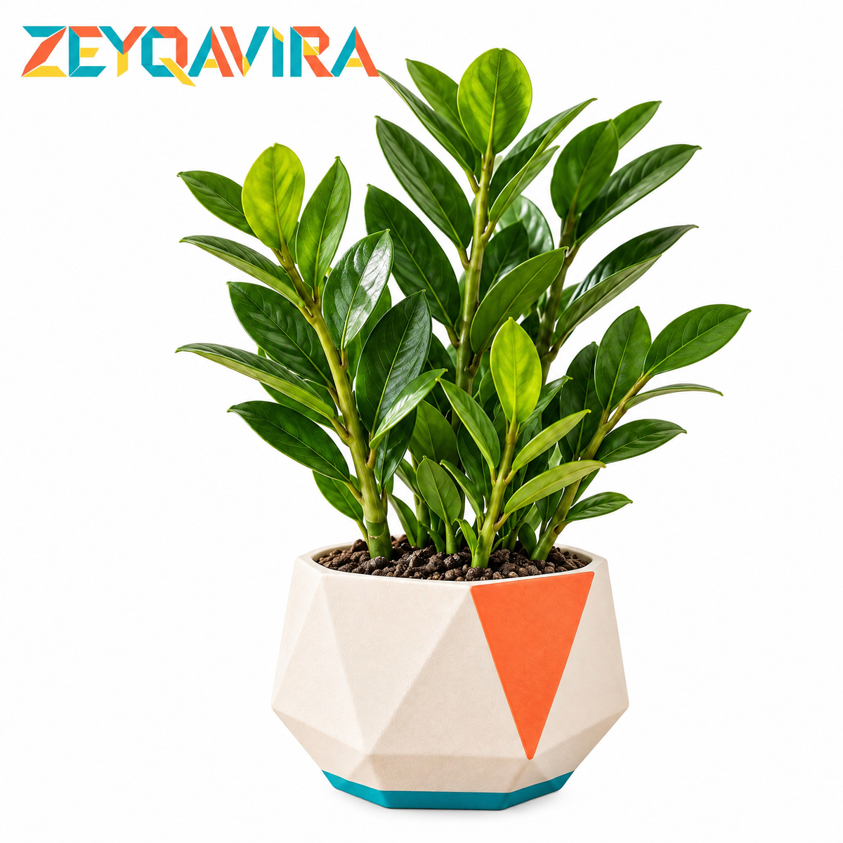 ZEYQAVIRA Faux ZZ Plant in Geometric Pot, Small Artificial Greenery for Office Desk, Shelf and Home Decor
