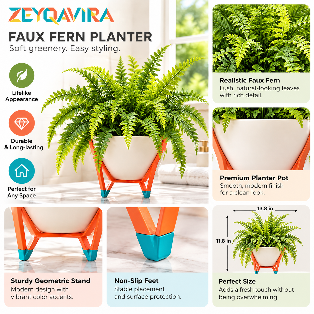ZEYQAVIRA Faux Boston Fern in White Pot with Geometric Stand, Small Artificial Plant for Bathroom Shelf and Office Decor